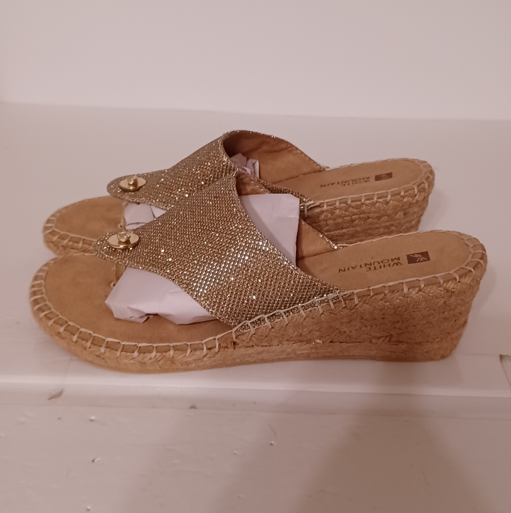 White Mountain Gold Wedge Espadrille Sandals